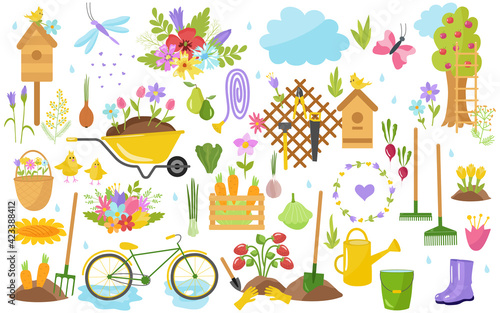 Gardening, spring set. Tools, flowers, wheelbarrow, trees, birds, birdhouse, watering can, bicycle, apple tree. For printing on fabric, paper, postcards, invitations. Vector illustration.
