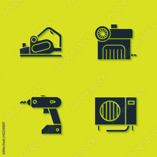 Set Electric planer tool, Air conditioner, cordless screwdriver and compressor icon. Vector