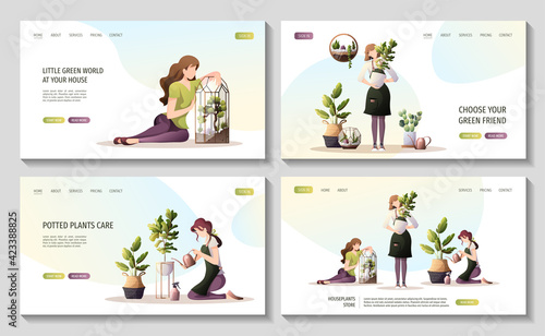 Set of web pages with women taking care of houseplants. Home garden, greenhouse, gardening, plant lover, houseplant store concept. Vector illustration for poster, banner, website.