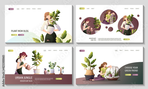 Set of web pages with women taking care of houseplants. Home garden, greenhouse, gardening, plant lover, houseplant store concept. Vector illustration for poster, banner, website.