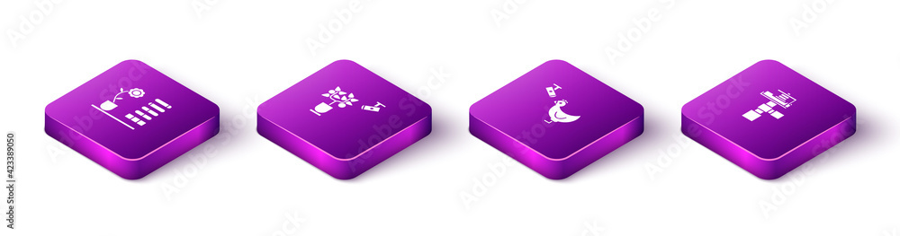 Set Isometric Flower status, Smart farming technology, Chicken and camera and Automatic irrigation sprinklers icon. Vector Set Isometric Flower status, Smart farming technology, Chicken and camera and Automatic irrigation sprinklers icon. Vector