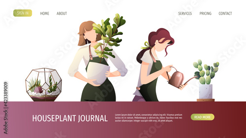 Women taking care of houseplants. Home garden, greenhouse, gardening, plant lover, houseplant store concept. Vector illustration for poster, banner, website.
