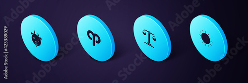 Set Isometric Sun, Libra zodiac, Aries and icon. Vector
