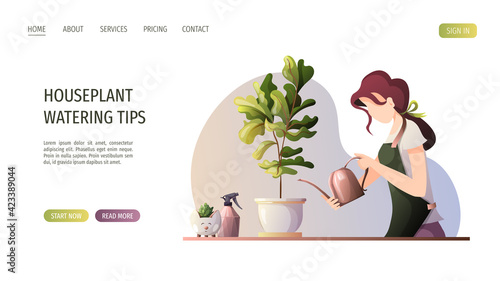 Woman with watering can taking care of houseplants. Home garden, greenhouse, gardening, plant lover concept. Vector illustration for poster, banner, website.