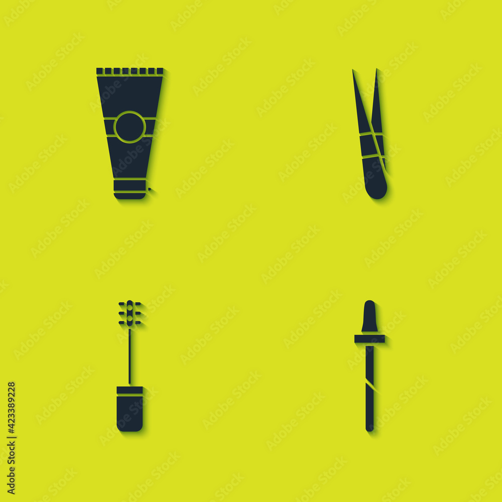 Set Lotion cosmetic tube, Pipette, Mascara brush and Eyebrow tweezers icon. Vector Set Lotion cosmetic tube, Pipette, Mascara brush and Eyebrow tweezers icon. Vector