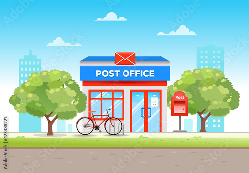 Post office building in flat style in the city on a summer day with a bike at the entrance. Vector illustration