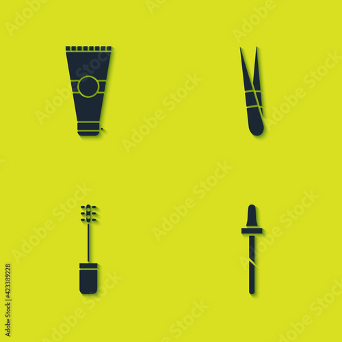 Set Lotion cosmetic tube, Pipette, Mascara brush and Eyebrow tweezers icon. Vector