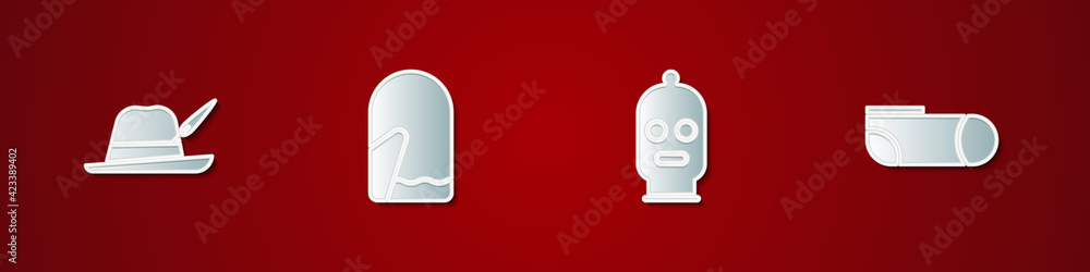 Set Oktoberfest hat, Christmas mitten, Balaclava and Sport socks icon. Vector Set Oktoberfest hat, Christmas mitten, Balaclava and Sport socks icon. Vector