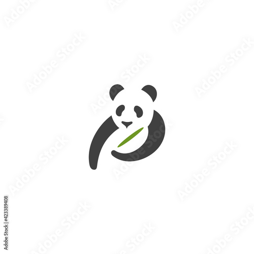 panda holding a bamboo leaf - a bowl appears from the negative space with overall shape form letter P - creative food logo design
