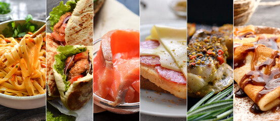Varied food. Delicious lunch assortment. Meat, fish, vegetable dishes. Food collage.