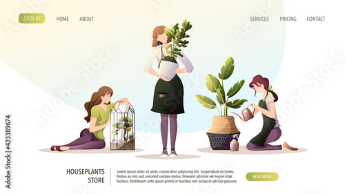 Women taking care of houseplants. Home garden, greenhouse, gardening, plant lover, houseplant store concept. Vector illustration for poster, banner, website.