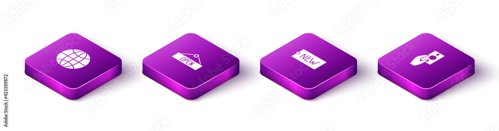 Set Isometric Worldwide, Hanging sign with Open, Price tag text New and Hand holding money icon. Vector Set Isometric Worldwide, Hanging sign with Open, Price tag text New and Hand holding money icon. Vector
