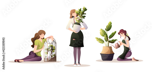 Women taking care of houseplants. Home garden, greenhouse, gardening, plant lover, houseplant store concept.  Isolated vector illustration for poster, banner, cover.