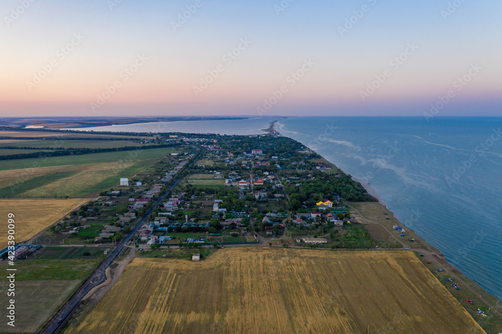 A small village on the Black Sea coast. Bird's-eye view. Kurortne, Ukraine