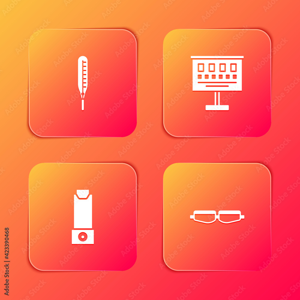 Set Medical thermometer, Eye test chart, Inhaler and Safety goggle glasses icon. Vector Set Medical thermometer, Eye test chart, Inhaler and Safety goggle glasses icon. Vector