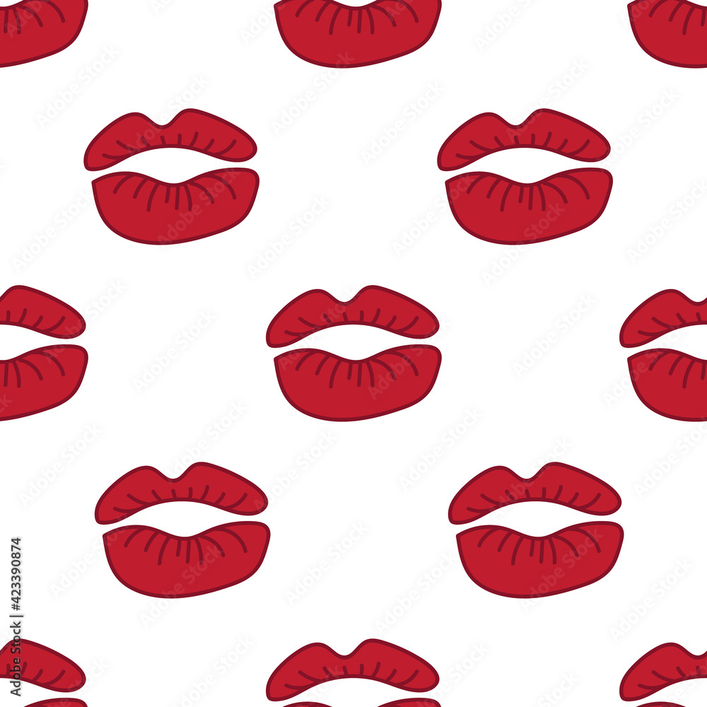 Fototapeta Valentine's Day vector seamless pattern. Kisses, Sexy red Lips on white background. Love emotion. Makeup, cosmetics, fashion. Template, texture for print, poster, card, textile, wrapping paper