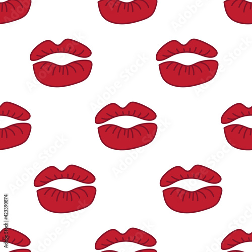 Valentine s Day vector seamless pattern. Kisses  Sexy red Lips on white background. Love emotion. Makeup  cosmetics  fashion. Template  texture for print  poster  card  textile  wrapping paper
