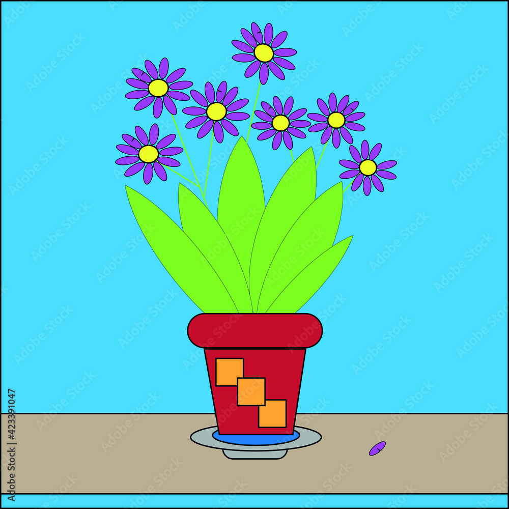 A flower with pink petals and green leaves in a brown pot with yellow squares on a blue background.