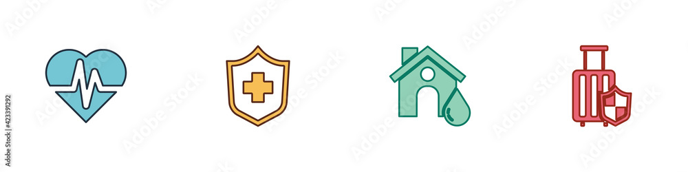 Obraz premium Set Health insurance, , House flood and Travel suitcase with shield icon. Vector