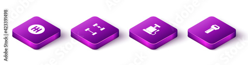 Set Isometric Gear shifter, Chassis car, Car air pump and key with remote icon. Vector