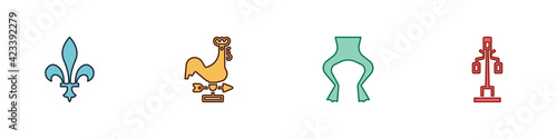 Set Fleur De Lys, Rooster weather vane, Frog legs and Street light icon. Vector