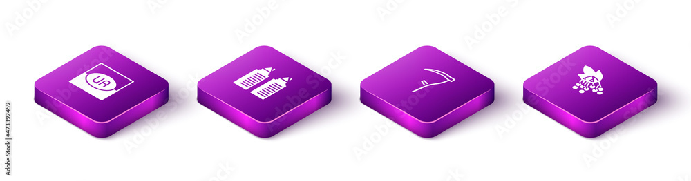 Set Isometric Flag of Ukraine, Two towers Dnipro, Scythe and Branch viburnum icon. Vector Set Isometric Flag of Ukraine, Two towers Dnipro, Scythe and Branch viburnum icon. Vector