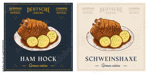 Schweinshaxe roasted ham hock pork knuckle retro vintage illustration photo