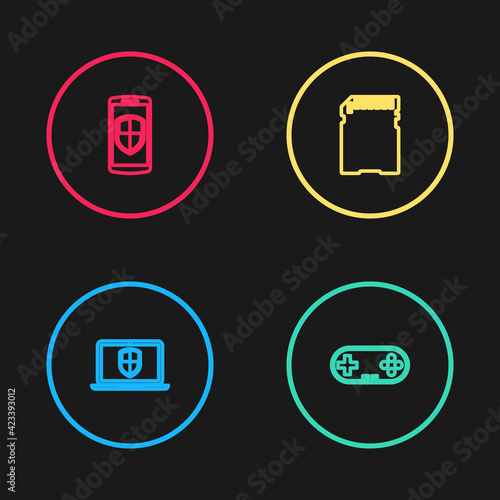 Set line Laptop with shield, Gamepad, SD card and Smartphone icon. Vector