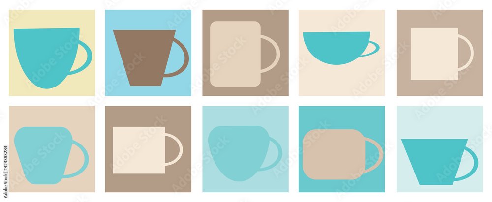 Set of cups for coffee and tea, vector drawing in cartoon style. Icons for web screensavers.