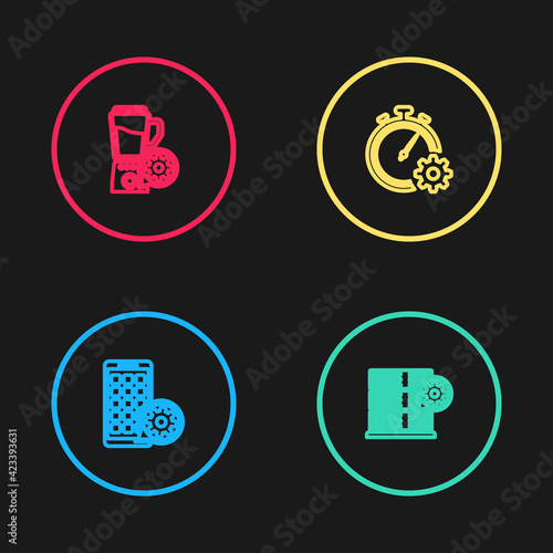 Set line Mobile Apps setting, Server, Time management and Blender with bowl icon. Vector