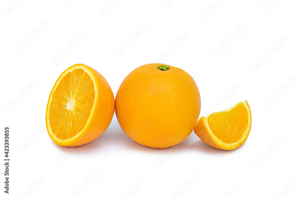 Whole, half and sliced oranges on isolated white background Whole, half and sliced oranges on isolated white background