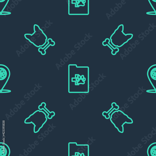 Set line Clinical record pet  Dog and bone and Location veterinary on seamless pattern. Vector