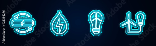 Set line Chain link line, Water energy, Light bulb with wind turbine and . Glowing neon icon. Vector