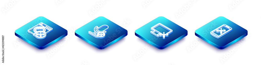 Set Isometric line Washer service, Microphone, Computer monitor and Smartphone icon. Vector