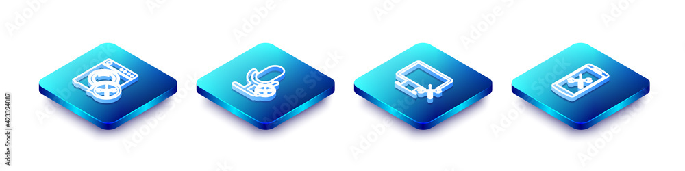 Set Isometric line Washer service, Microphone, Computer monitor and Smartphone icon. Vector Set Isometric line Washer service, Microphone, Computer monitor and Smartphone icon. Vector
