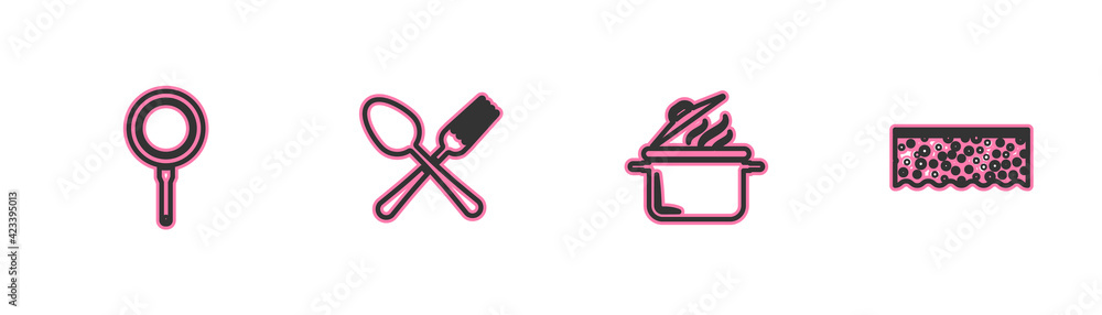 Set line Frying pan, Cooking pot, Crossed fork and spoon and Sponge with bubbles icon. Vector Set line Frying pan, Cooking pot, Crossed fork and spoon and Sponge with bubbles icon. Vector