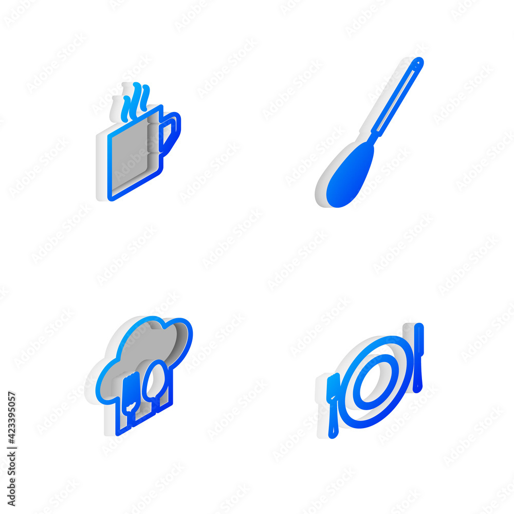 Set Isometric line Kitchen whisk, Coffee cup, Chef hat with fork and spoon and Plate, knife icon. Vector Set Isometric line Kitchen whisk, Coffee cup, Chef hat with fork and spoon and Plate, knife icon. Vector