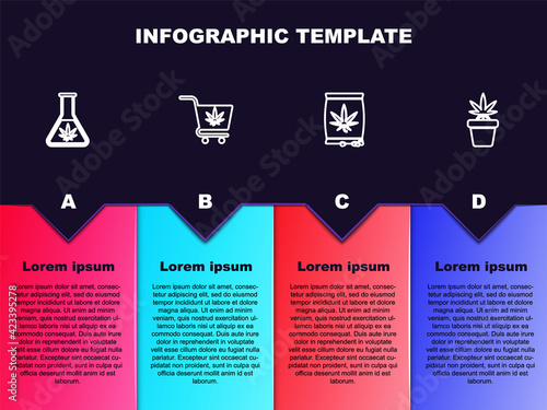 Set line Test tube with marijuana, Shopping cart, Marijuana or cannabis seeds and plant pot. Business infographic template. Vector