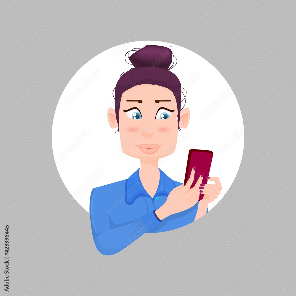 Woman holding smartphone and taking selfie, sticker - flat character of girl with mobile phone
