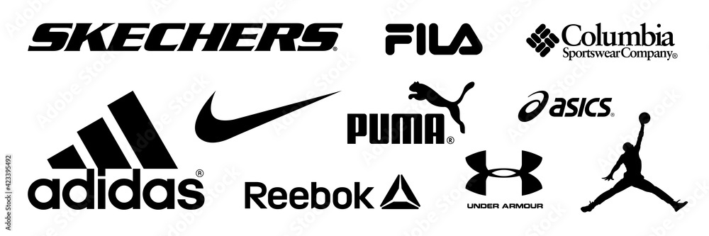 Adidas, Nike, Reebok, Asics, Jordan, Puma, Under Armour, Fila, Columbia,  Skechers - logos of sports equipment and sportswear company. Kyiv, Ukraine  - March 27, 2021 Stock Vector | Adobe Stock