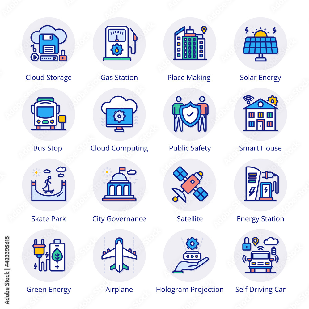 Smart City Filled Circle Icons - Stroked, Vectors Smart City Filled Circle Icons - Stroked, Vectors