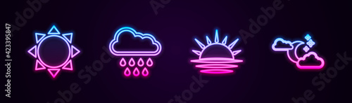 Set line Sun, Cloud with rain, Sunset and moon and stars. Glowing neon icon. Vector