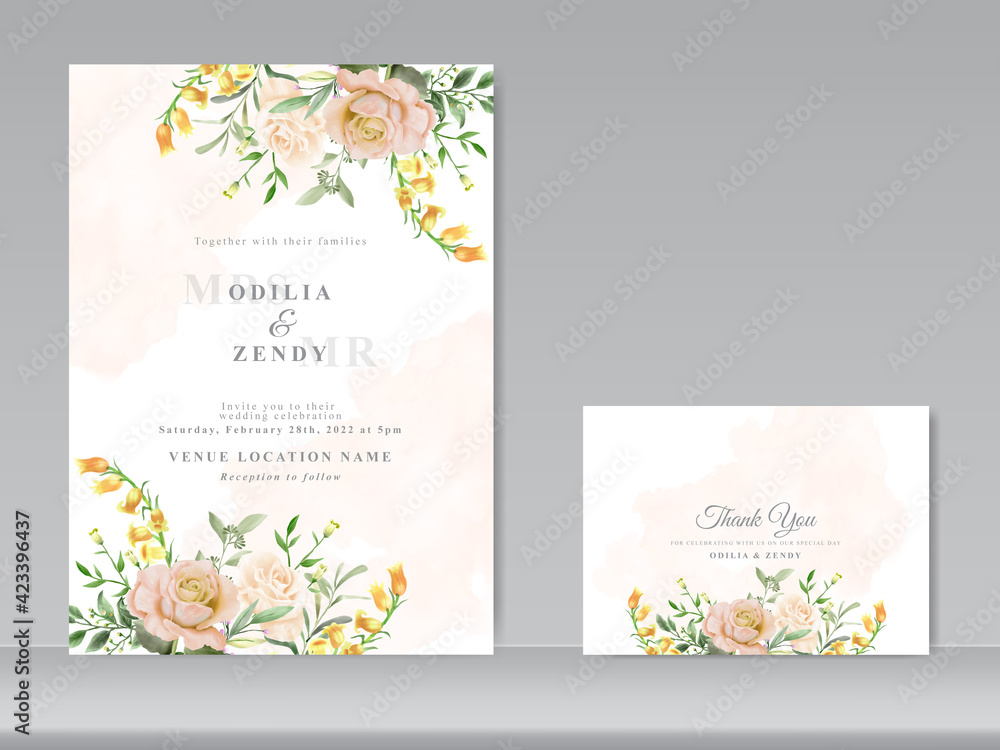 wedding invitation card set with beautiful floral hand drawn