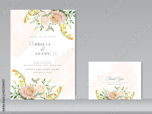 wedding invitation card set with beautiful floral hand drawn