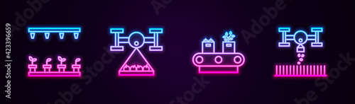 Set line Automatic irrigation sprinklers, Smart farm with drone, Conveyor belt box and . Glowing neon icon. Vector