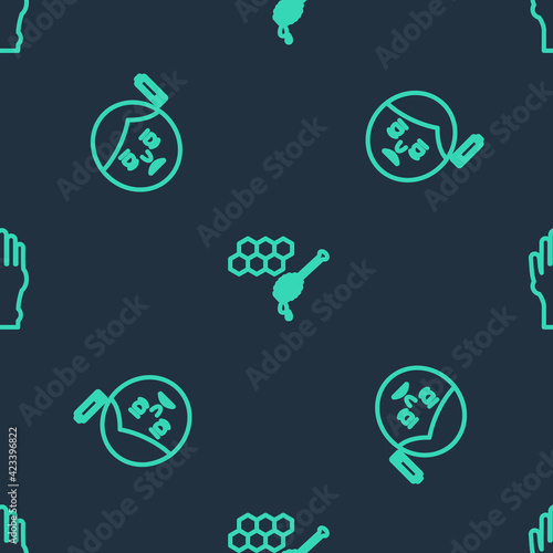 Set line Honeycomb with honey dipper, Fatigue and Hand psoriasis or eczema on seamless pattern. Vector
