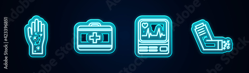 Set line Hand with psoriasis or eczema, First aid kit, Monitor cardiogram and Inhaler. Glowing neon icon. Vector