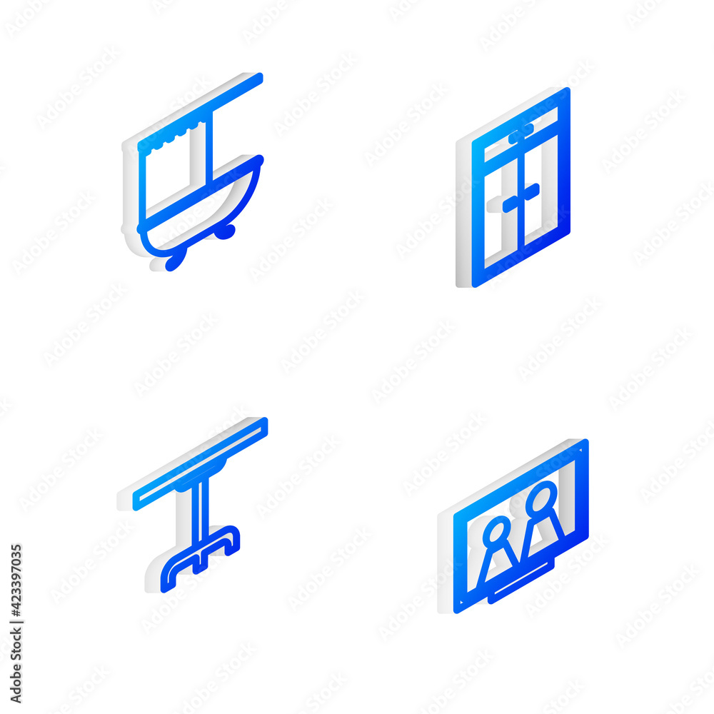 Set Isometric line Wardrobe, Bathtub with shower curtain, Round table and Picture frame on icon. Vector Set Isometric line Wardrobe, Bathtub with shower curtain, Round table and Picture frame on icon. Vector