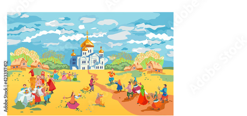 Russian folk art vector. Image of the people's procession on Easter and Palm Sunday to the temple. 