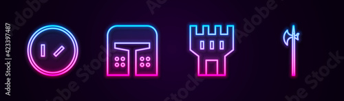 Set line Round wooden shield, Medieval iron helmet, Castle tower and halberd. Glowing neon icon. Vector